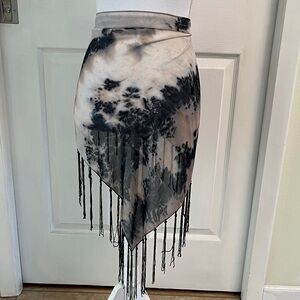 Elegant Black and Cream Tie Dye Twirling Fringe Black Jet Bead Hip Scarf